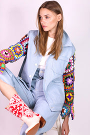 DENIM JACKET CROCHET SLEEVES VICKY - sustainably made MOMO NEW YORK sustainable clothing, crochet slow fashion