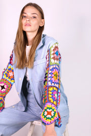 DENIM JACKET CROCHET SLEEVES VICKY - sustainably made MOMO NEW YORK sustainable clothing, crochet slow fashion