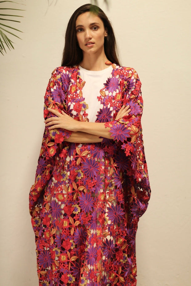 DIONYSUS FLOWER LACE KIMONO - sustainably made MOMO NEW YORK sustainable clothing, Embroidered Kimono slow fashion