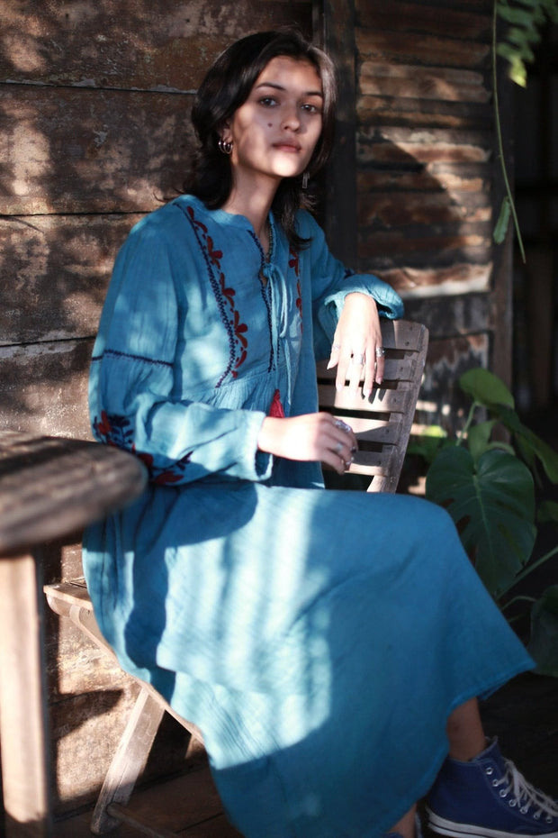 EMBROIDERED CITY DRESS JELENA - sustainably made MOMO NEW YORK sustainable clothing, kaftan slow fashion