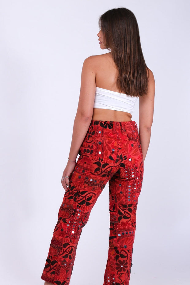 EMBROIDERED PATCHWORK PANTS RAYA - sustainably made MOMO NEW YORK sustainable clothing, fall22 slow fashion