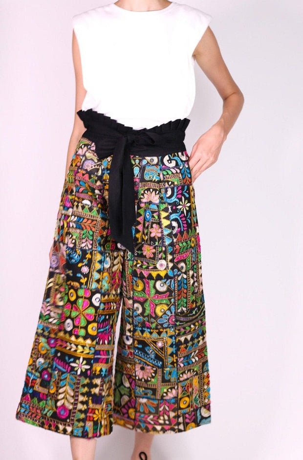 EMBROIDERED PATCHWORK WRAP PANTS BLAIRE - sustainably made MOMO NEW YORK sustainable clothing, pants slow fashion