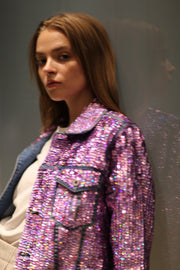 EMBROIDERED SEQUIN DENIM JACKET DEMI - sustainably made MOMO NEW YORK sustainable clothing, resort2023 slow fashion