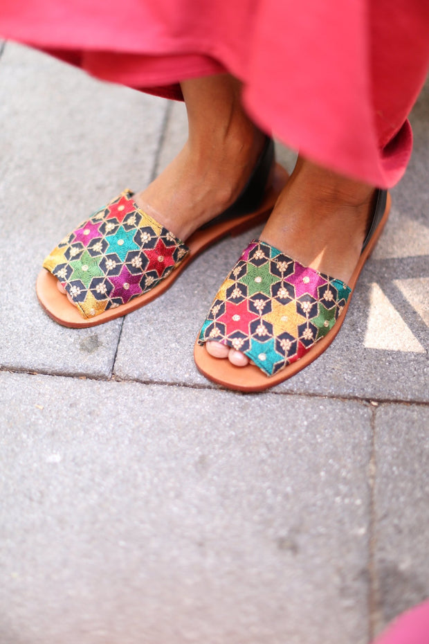 EMBROIDERED SEQUIN SILK SANDALS FRANCES - sustainably made MOMO NEW YORK sustainable clothing, mules slow fashion