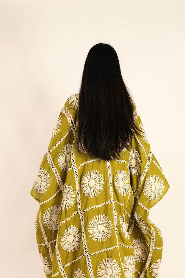 FLORA CROCHET KIMONO GREEN - sustainably made MOMO NEW YORK sustainable clothing, flashsalenovember22 slow fashion