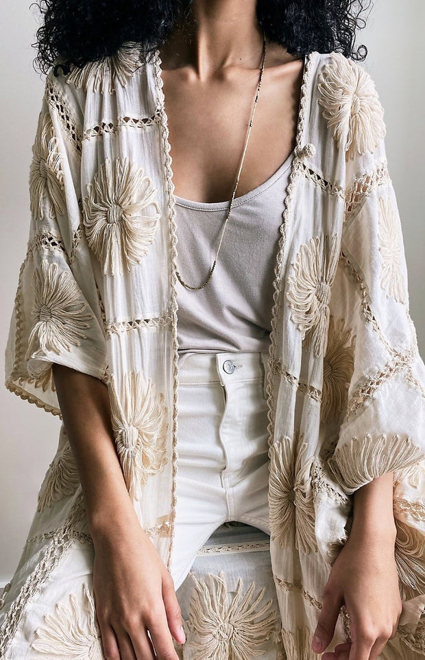 FLORA CROCHET KIMONO - sustainably made MOMO NEW YORK sustainable clothing, crochet slow fashion