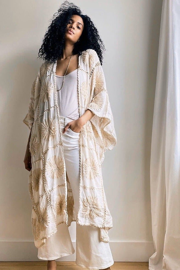 FLORA HAND CROCHET KIMONO DUSTER - sustainably made MOMO NEW YORK sustainable clothing, crochet slow fashion