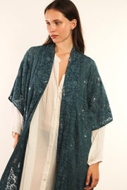 FLOWER EMERALD GREEN SILK KIMONO ISLA - sustainably made MOMO NEW YORK sustainable clothing, kimono slow fashion