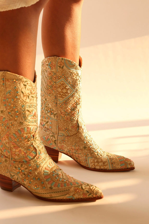 FLOWER SILK EMBROIDERED WESTERN BOOTS EMMAMIL - sustainably made MOMO NEW YORK sustainable clothing, boots slow fashion