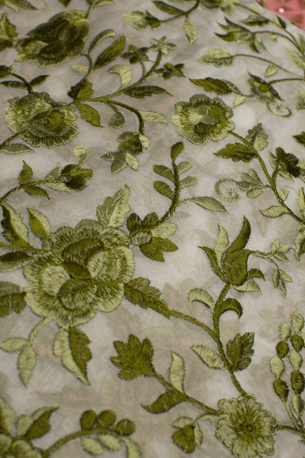 GREEN FLOWER EMBROIDERED SILK B32-6 - sustainably made MOMO NEW YORK sustainable clothing, fabric slow fashion