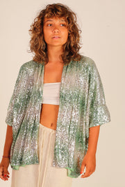 GREEN SEQUIN SHORT KIMONO LUKA - sustainably made MOMO NEW YORK sustainable clothing, Kimono slow fashion