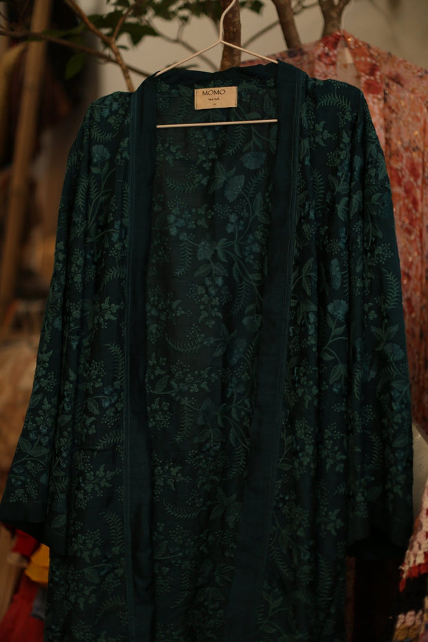 GREEN TURQUOISE EMBROIDERED SILK KIMONO WEMDA - sustainably made MOMO NEW YORK sustainable clothing, Kimono slow fashion