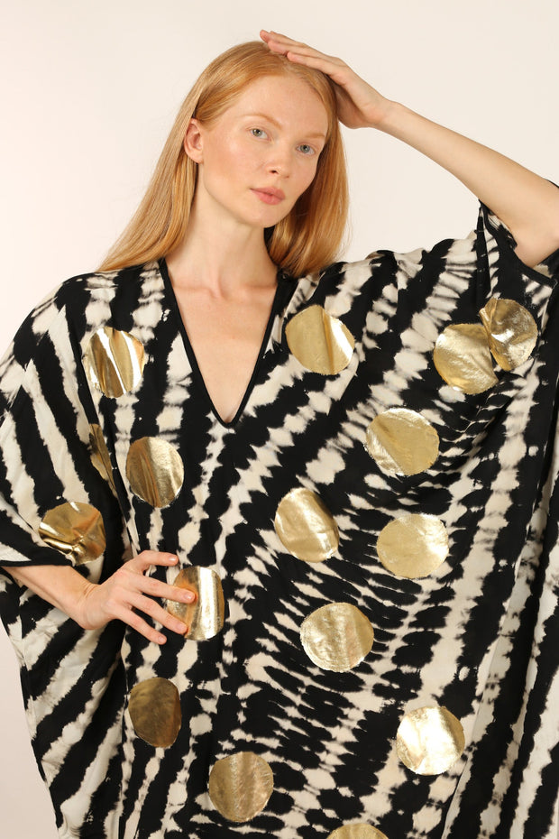 HAND BATIK GOLD DOT KAFTAN LIENA - sustainably made MOMO NEW YORK sustainable clothing, dress slow fashion