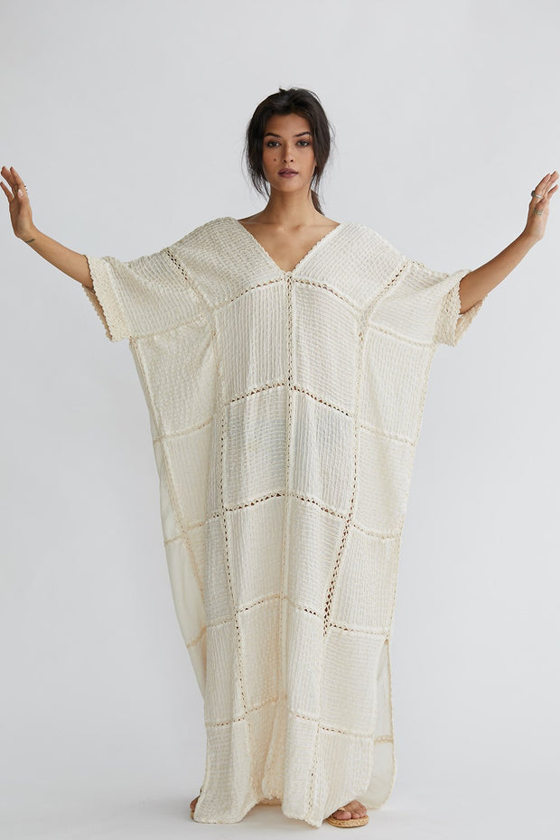 Hand Embroidered Creme Kaftan Lupita - sustainably made MOMO NEW YORK sustainable clothing, Boho Chic slow fashion