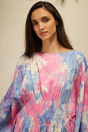 HECATE TWIN BLUE PINK KAFTAN DRESS - sustainably made MOMO NEW YORK sustainable clothing, Embroidered Kimono slow fashion