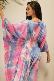 HECATE TWIN BLUE PINK KAFTAN DRESS - sustainably made MOMO NEW YORK sustainable clothing, Embroidered Kimono slow fashion