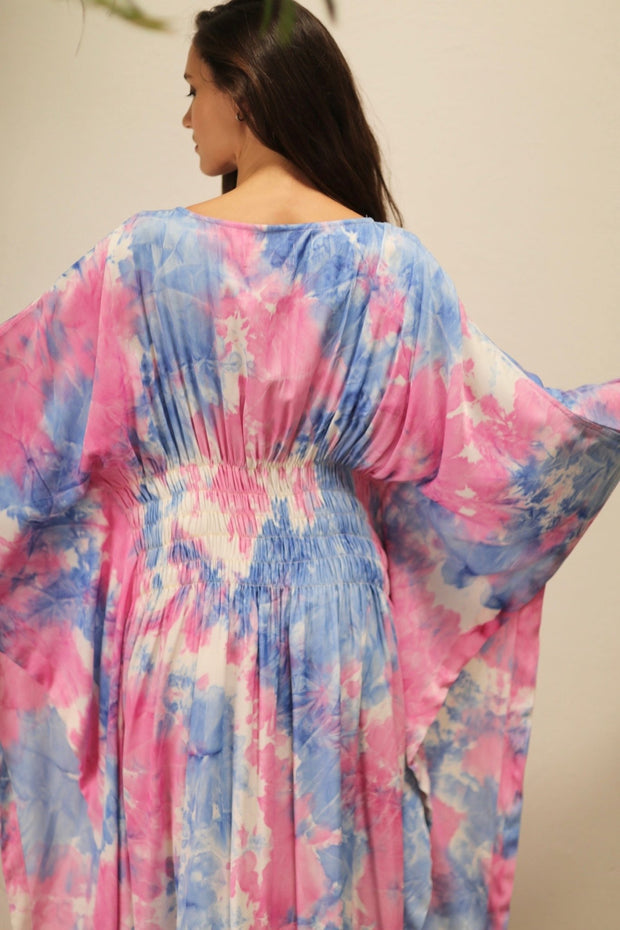 HECATE TWIN BLUE PINK KAFTAN DRESS - sustainably made MOMO NEW YORK sustainable clothing, Embroidered Kimono slow fashion