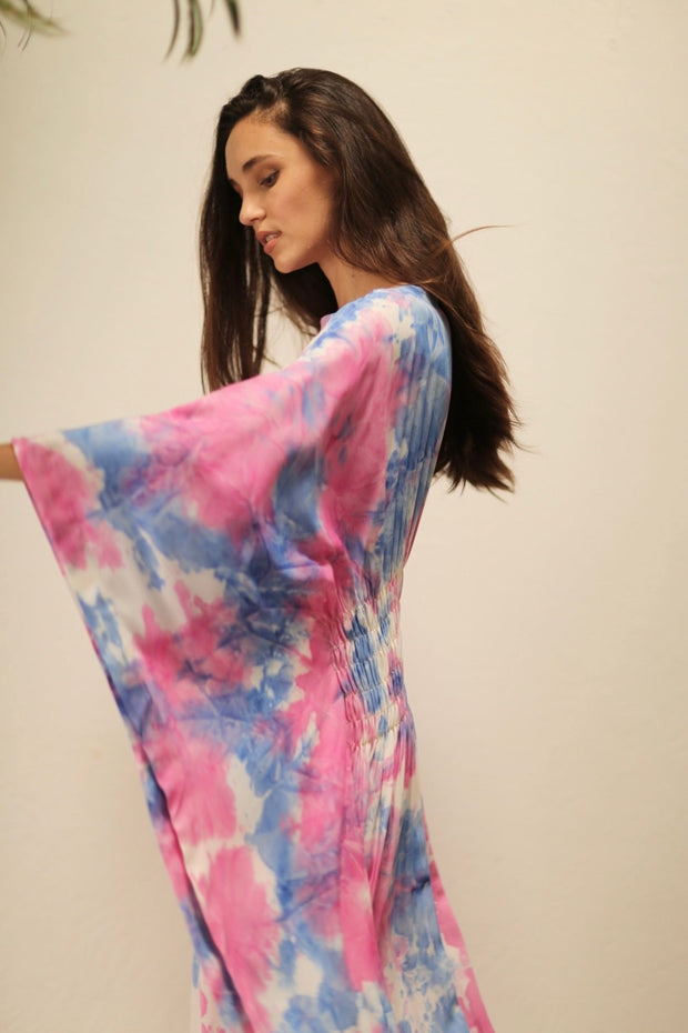 HECATE TWIN BLUE PINK KAFTAN DRESS - sustainably made MOMO NEW YORK sustainable clothing, Embroidered Kimono slow fashion