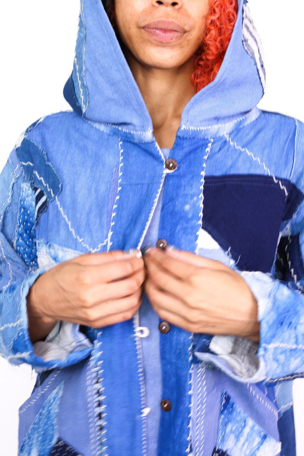 INDIGO PATCHWORK HOODIE JACKET NGOZI - sustainably made MOMO NEW YORK sustainable clothing, saleojai slow fashion