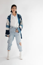 Indigo Patchwork Kimono Jacket Clara - sustainably made MOMO NEW YORK sustainable clothing, Kimono slow fashion