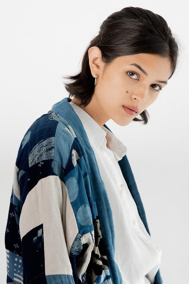 Indigo Patchwork Kimono Jacket Clara - sustainably made MOMO NEW YORK sustainable clothing, Kimono slow fashion