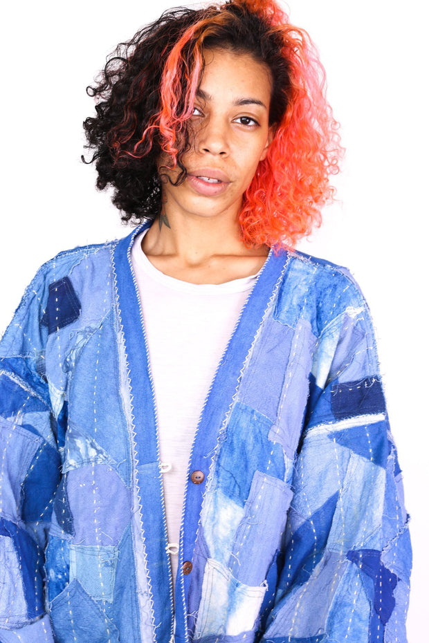 INDIGO PATCHWORK KIMONO NOLA - sustainably made MOMO NEW YORK sustainable clothing, Kimono slow fashion