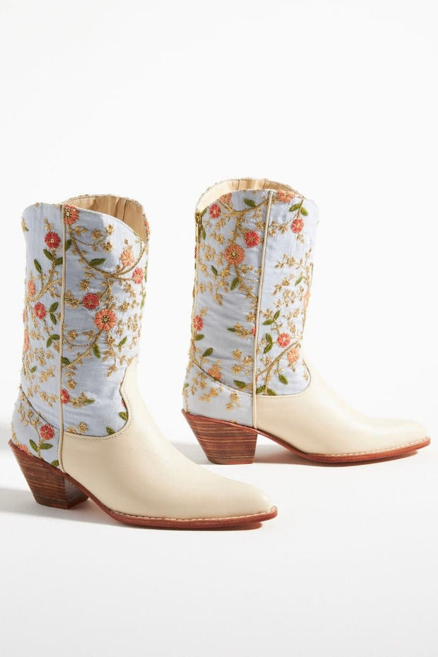 IVORY EMBROIDERED FLOWER WESTERN BOOTS X ANTHROPOLOGIE - sustainably made MOMO NEW YORK sustainable clothing, boots slow fashion