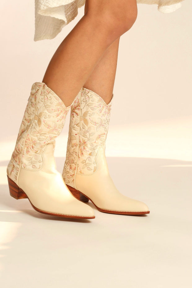 IVORY PINK FLOWER LEAF EMBROIDERED WESTERN BOOTS CHINELO - sustainably made MOMO NEW YORK sustainable clothing, boots slow fashion