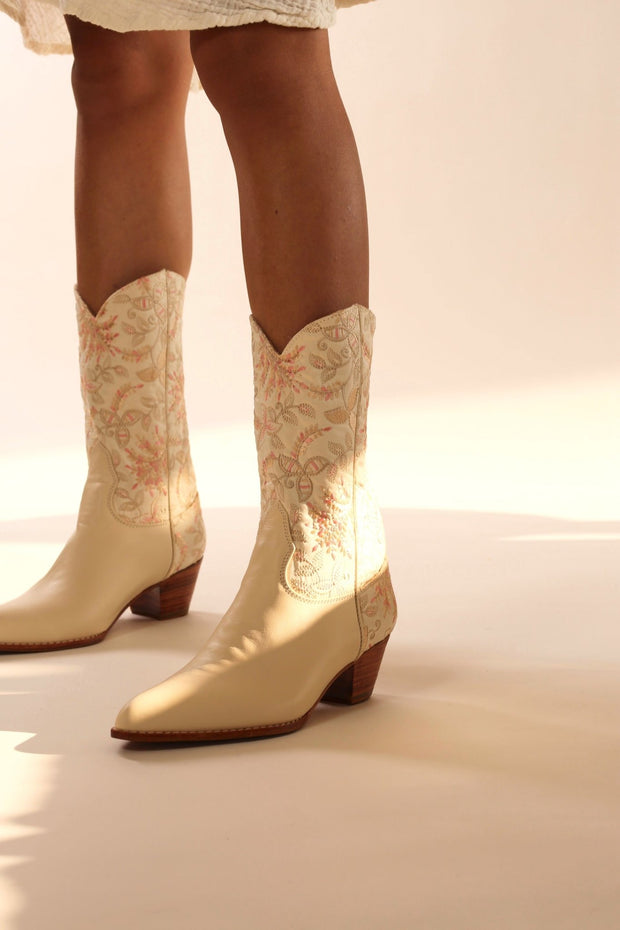 IVORY PINK FLOWER LEAF EMBROIDERED WESTERN BOOTS CHINELO - sustainably made MOMO NEW YORK sustainable clothing, boots slow fashion