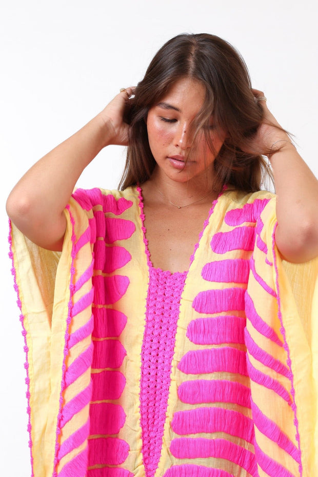 KAFTAN MARIE CLAIRE YELLOW / FUSHIA - sustainably made MOMO NEW YORK sustainable clothing, Embroidered Kaftan slow fashion