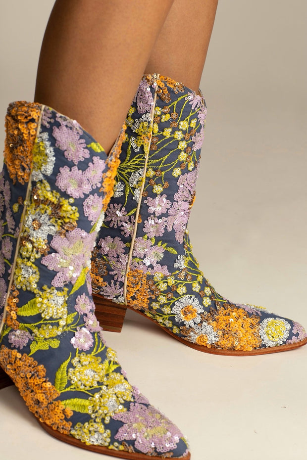 LAVENDER EMBROIDERED FLOWER SEQUIN WESTERN BOOTS - sustainably made MOMO NEW YORK sustainable clothing, boots slow fashion