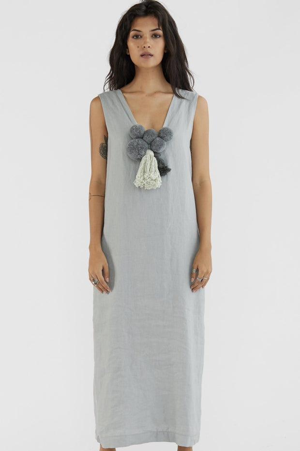 LINEN POM POM DETAIL DRESS KRAVITZ - sustainably made MOMO NEW YORK sustainable clothing, kaftan slow fashion