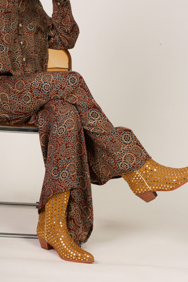 MUSTARD EMBELLISHED SILK BOOTS SANDY - sustainably made MOMO NEW YORK sustainable clothing, boots slow fashion