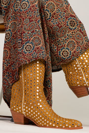 MUSTARD EMBELLISHED SILK BOOTS SANDY - sustainably made MOMO NEW YORK sustainable clothing, boots slow fashion