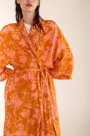 ORANGE FLOWER PRINT SILK KIMONO GOLBY - sustainably made MOMO NEW YORK sustainable clothing, Kimono slow fashion