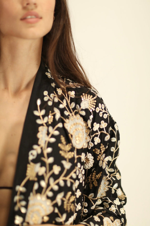 PAN FLOWER EMBROIDERED CHIFFON SILK KIMONO - sustainably made MOMO NEW YORK sustainable clothing, kimono slow fashion