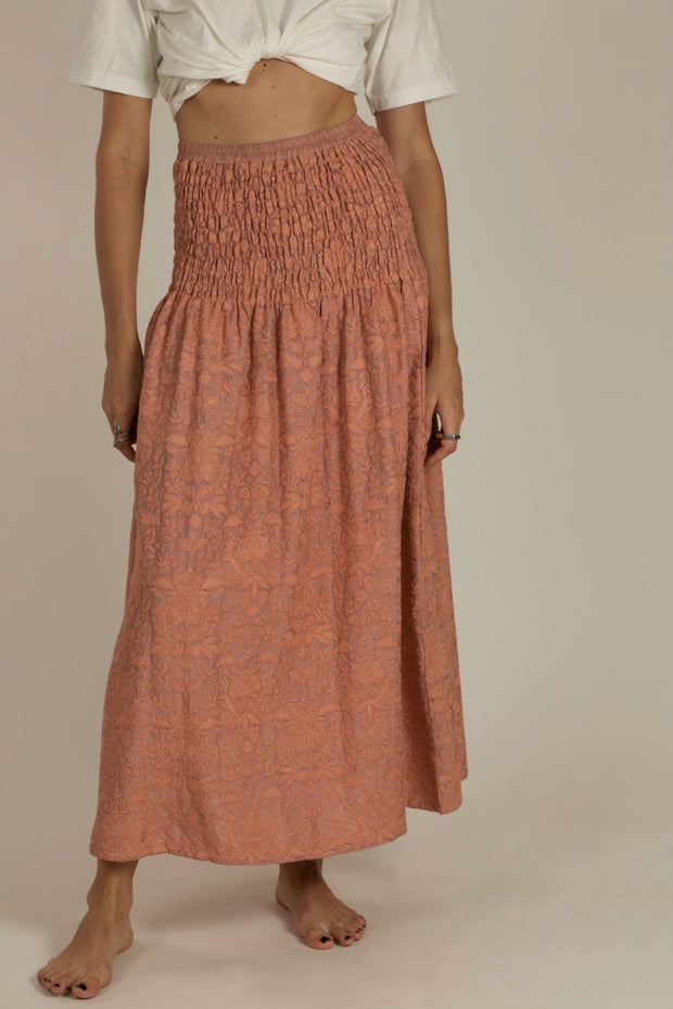 PEACH SILK EMBROIDERED SKIRT DRESS LISA - sustainably made MOMO NEW YORK sustainable clothing, dress slow fashion