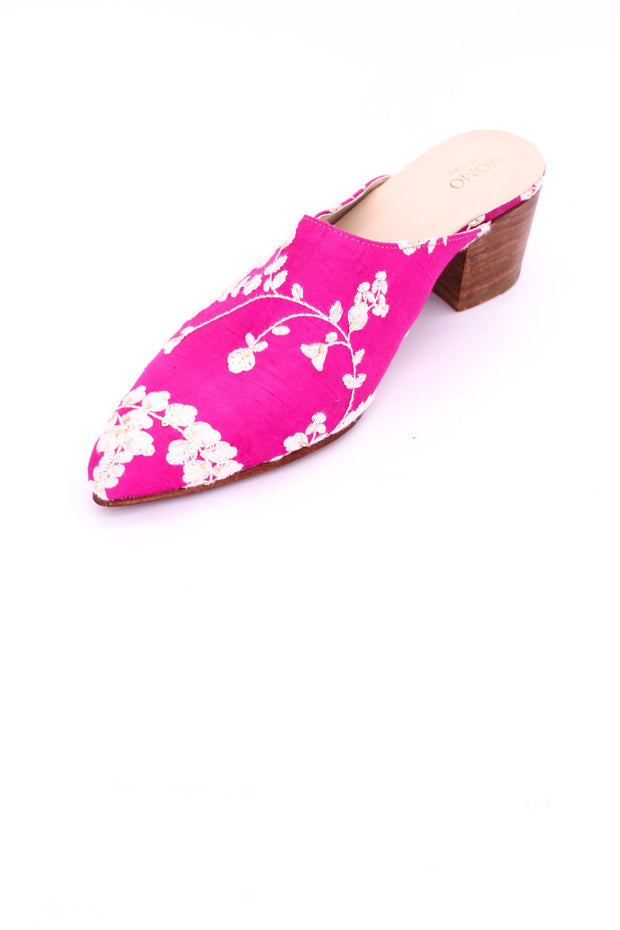 PINK EMBROIDERED HEELED MULES - sustainably made MOMO NEW YORK sustainable clothing, mules slow fashion