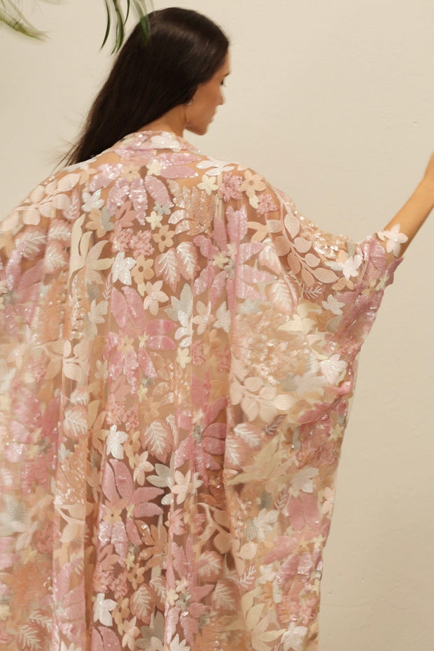 PINK SEQUIN FLOWER KIMONO - sustainably made MOMO NEW YORK sustainable clothing, Embroidered Kimono slow fashion