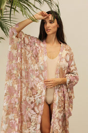 PINK SEQUIN FLOWER KIMONO - sustainably made MOMO NEW YORK sustainable clothing, Embroidered Kimono slow fashion