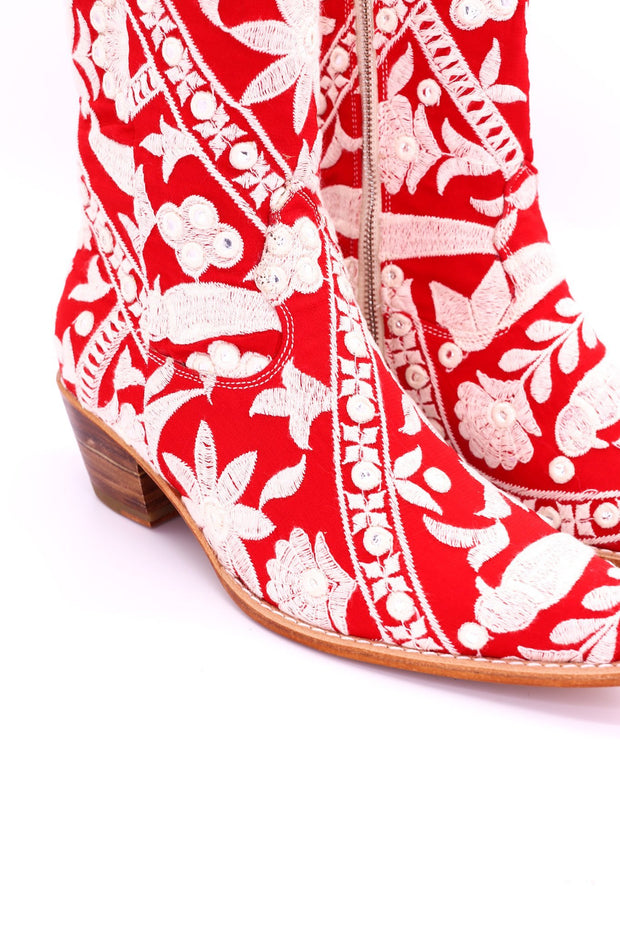 RED EMBROIDERED ANKLE BOOTS MARA - sustainably made MOMO NEW YORK sustainable clothing, boots slow fashion