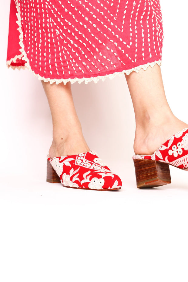 RED EMBROIDERED HEELED MULES - sustainably made MOMO NEW YORK sustainable clothing, mules slow fashion