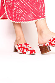 RED EMBROIDERED HEELED MULES - sustainably made MOMO NEW YORK sustainable clothing, mules slow fashion