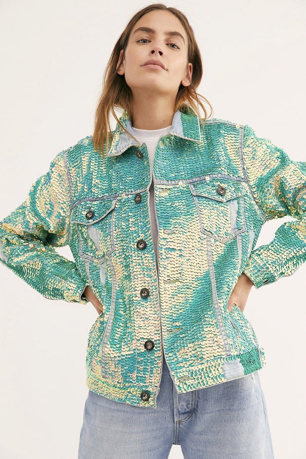 SEQUIN DENIM JACKET DEMI - sustainably made MOMO NEW YORK sustainable clothing, samplesale1022 slow fashion