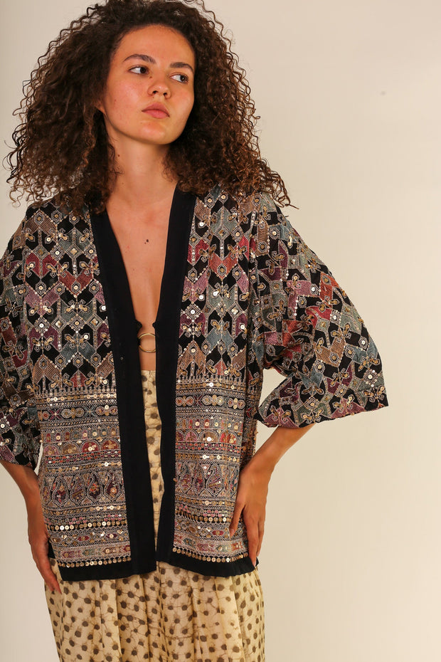 SEQUIN EMBELLISHED CHIFFON SILK SHORT KIMONO - sustainably made MOMO NEW YORK sustainable clothing, slow fashion