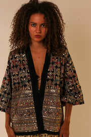 SEQUIN EMBELLISHED CHIFFON SILK SHORT KIMONO - sustainably made MOMO NEW YORK sustainable clothing, slow fashion