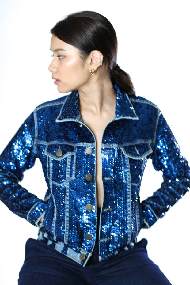 SEQUIN EMBROIDERED DENIM JACKET DEMI - sustainably made MOMO NEW YORK sustainable clothing, samplesale1022 slow fashion