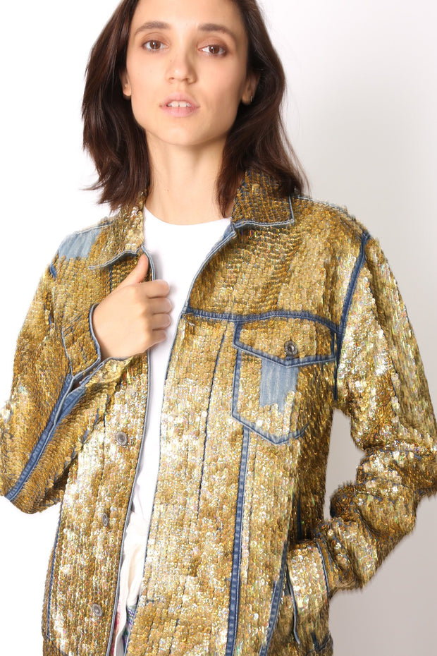 SEQUIN EMBROIDERED DENIM JACKET DEMI X FREE PEOPLE - sustainably made MOMO NEW YORK sustainable clothing, samplesale1022 slow fashion