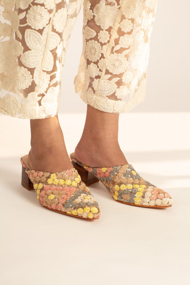 SEQUIN EMBROIDERED HEELED MULES ARITZIA - sustainably made MOMO NEW YORK sustainable clothing, mules slow fashion