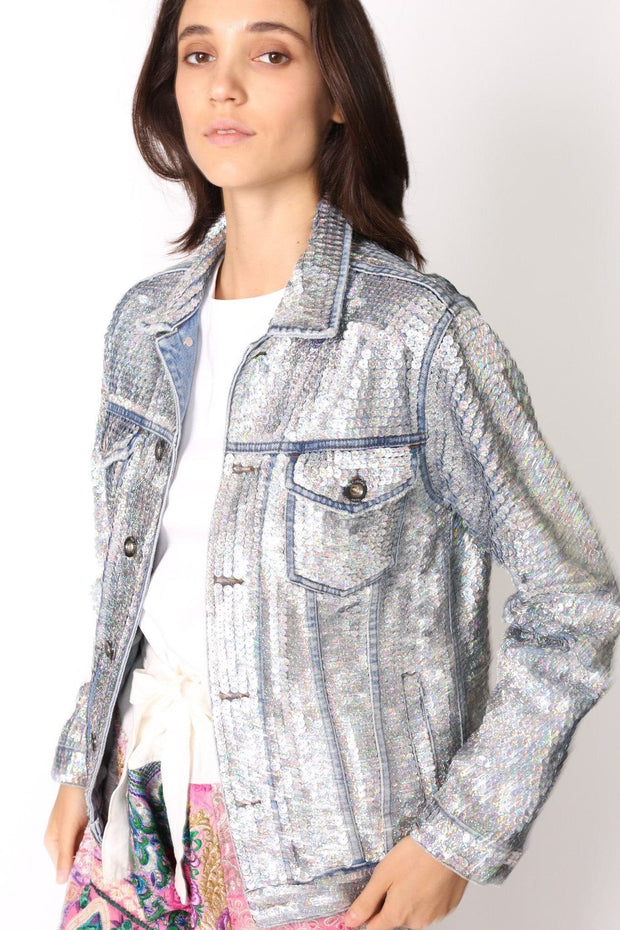 SEQUIN HAND EMBROIDERED DENIM JACKET DEMI (SILVER) - sustainably made MOMO NEW YORK sustainable clothing, preorder slow fashion